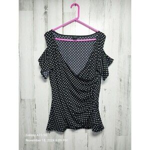 Torrid 2X Black Polka Dot Faux Wrap Cold Shoulder Top